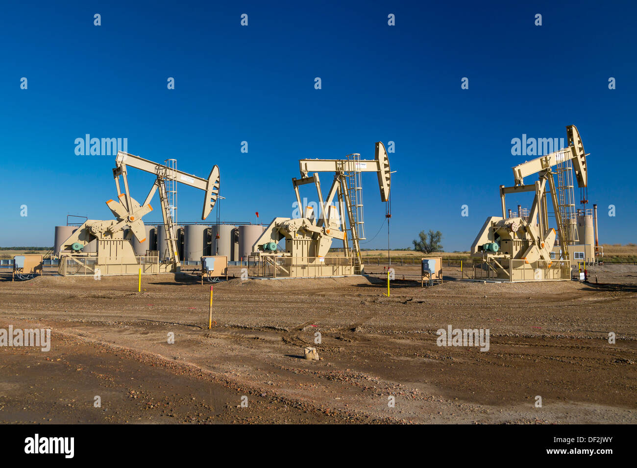 Olio pumpers in Bakken, riprodurre i campi di olio nei pressi di Williston, il Dakota del Nord, Stati Uniti d'America. Foto Stock