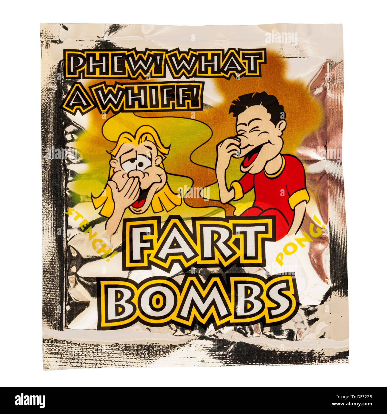 Un pacchetto di Fart bombe su sfondo bianco Foto Stock