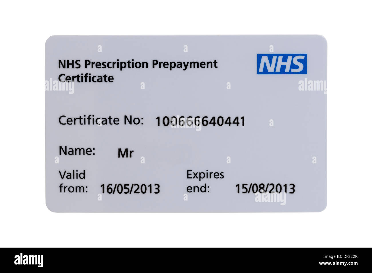 Una prescrizione di NHS il pagamento anticipato con carta di certificato su sfondo bianco Foto Stock