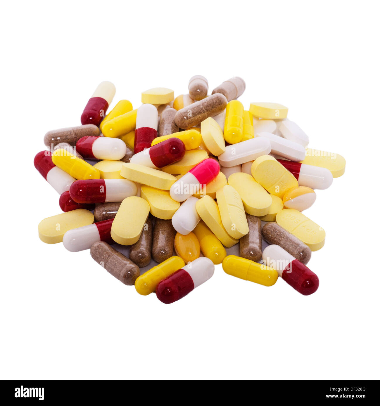 Una selezione di pillole su sfondo bianco Foto Stock