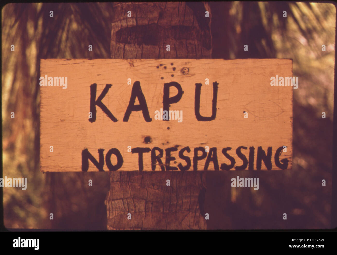 Un cartello "KAPU" indica un'area riservata su un'isola, per lo più di proprietà di un'azienda produttrice di ananas, che indica la proprietà privata e le limitazioni all'accesso. Foto Stock