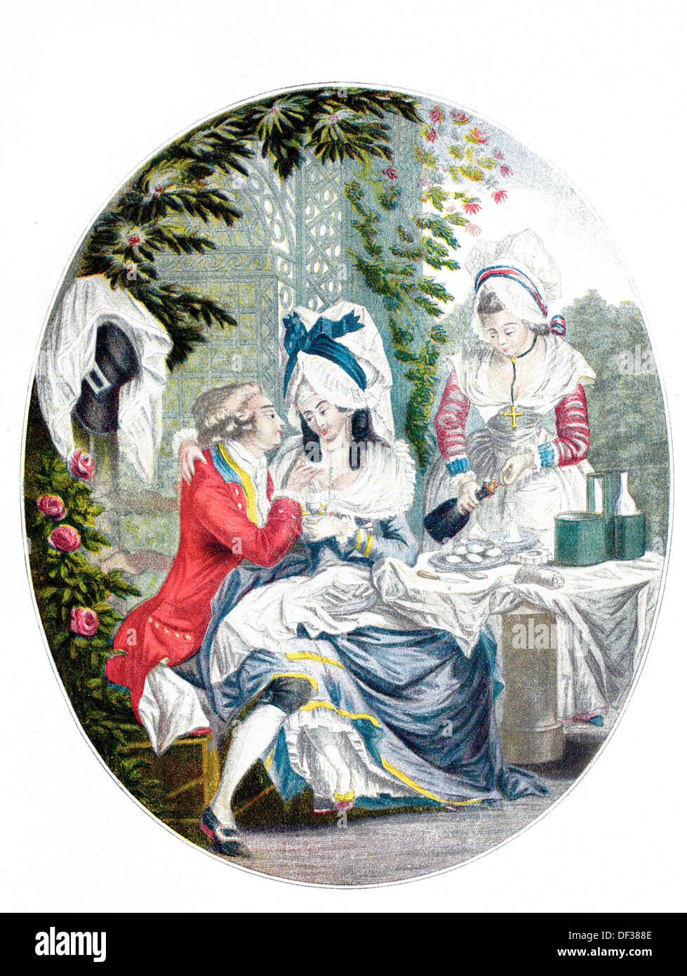 Festa degli Innamorati, gallant francese incisione a colori da Le Clerc, 1810 Foto Stock