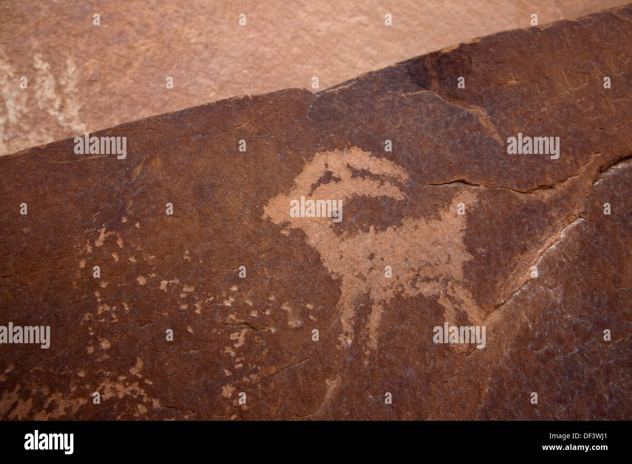 Petroglyph preistoriche nei pressi del fiume Colorado in Arches National Park vicino a Moab, Utah. Foto Stock
