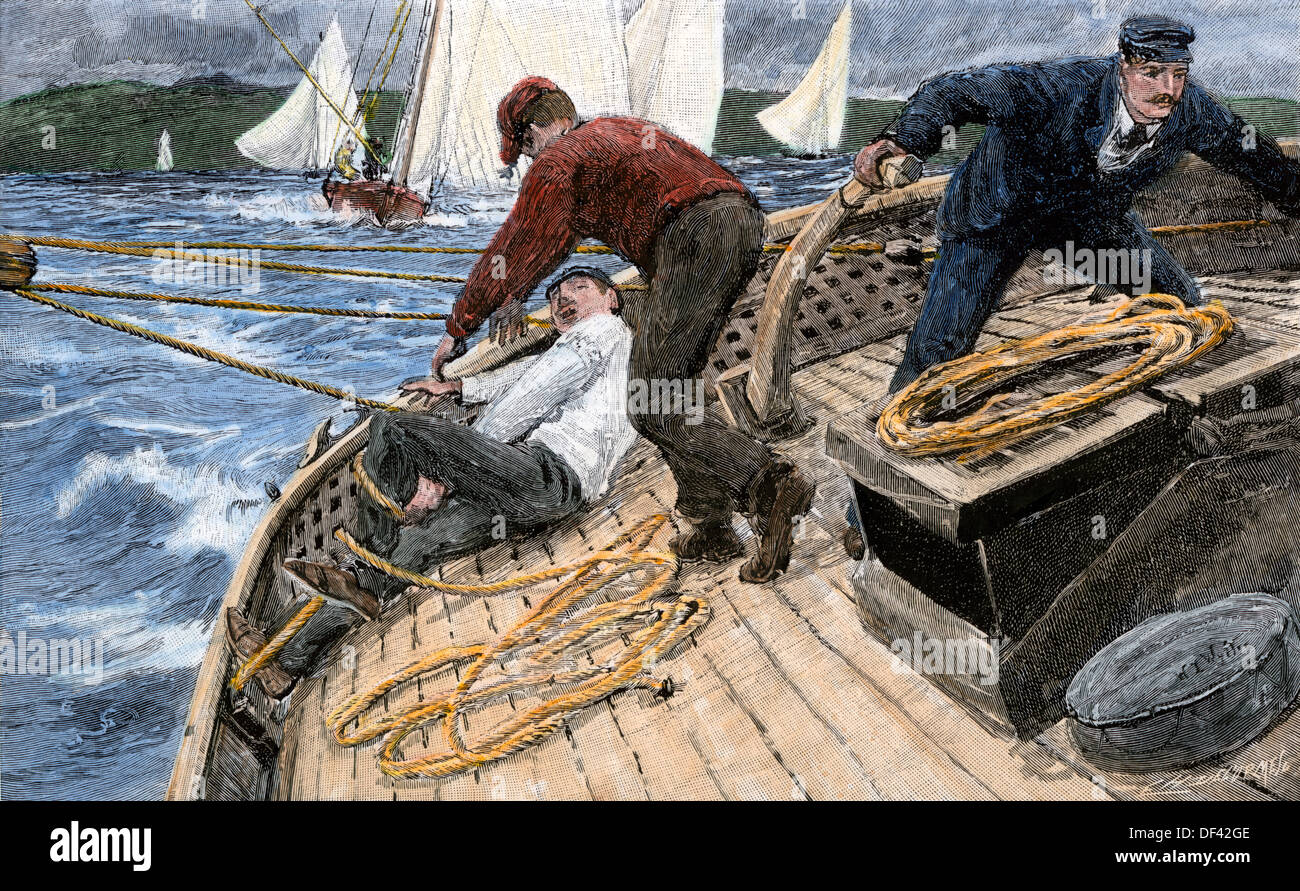 Yachtsman aggrovigliato nelle manovre alla randa, 1890s. Colorate a mano la xilografia Foto Stock