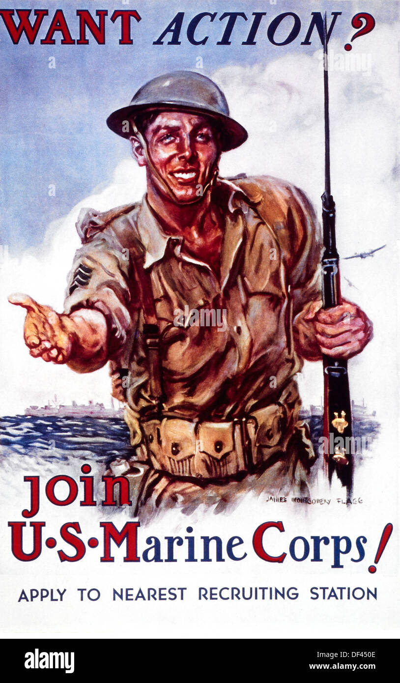 Stati Uniti Poster di reclutamento, "desidera l'azione? Unire gli Stati Uniti Marine Corps, da Montgomery Flagg, 1942 Foto Stock