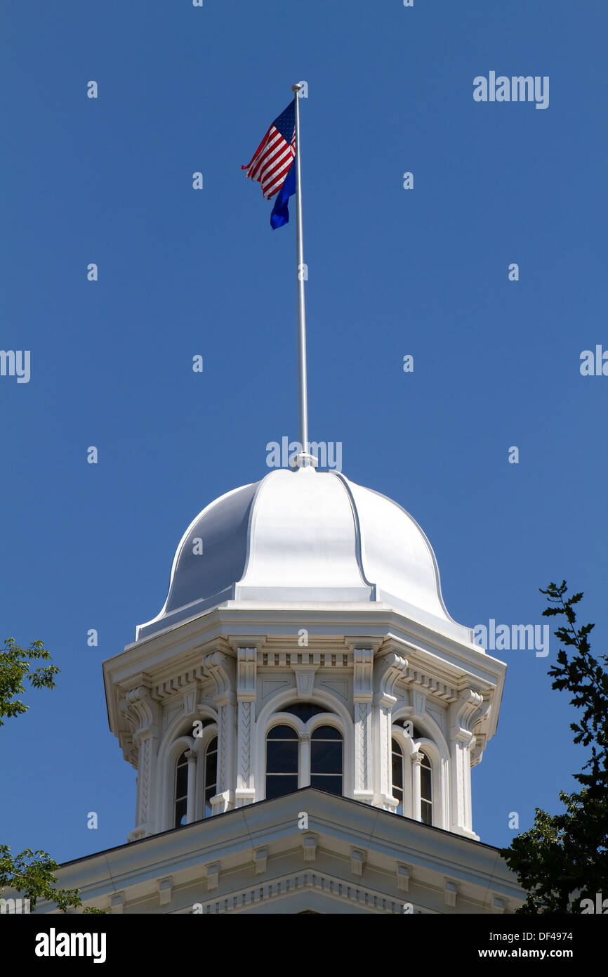 Stato di Nevada dome Capitol si trova a Carson City, NV contro un cielo azzurro sfondo con bandiere sulla parte superiore. Foto Stock