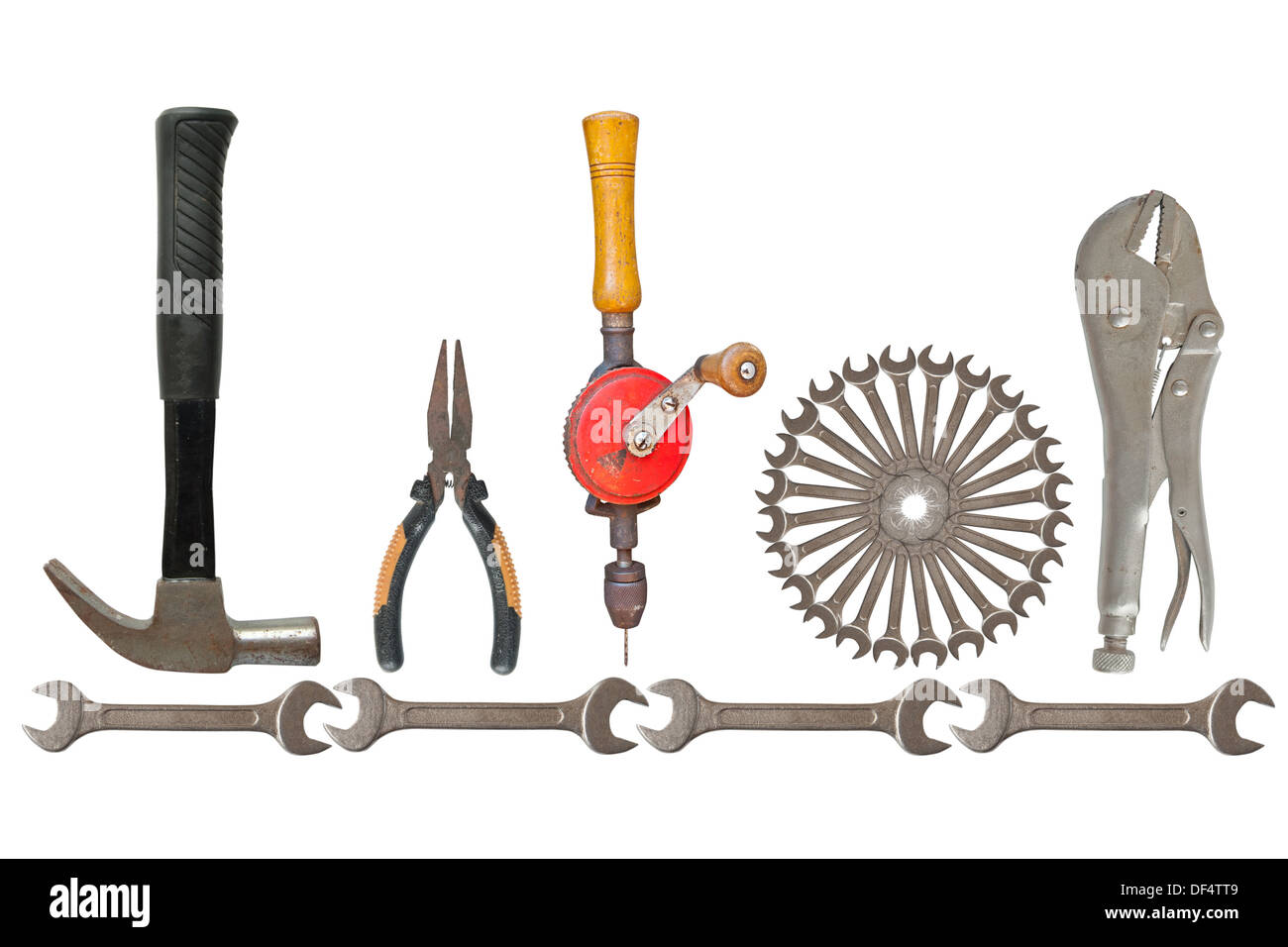 Accessori agricoltura obiettivo cesto sfondo costruire builder closeup cemento costruzione tagliare dettaglio la dieta anche gli strumenti di oggetti Foto Stock