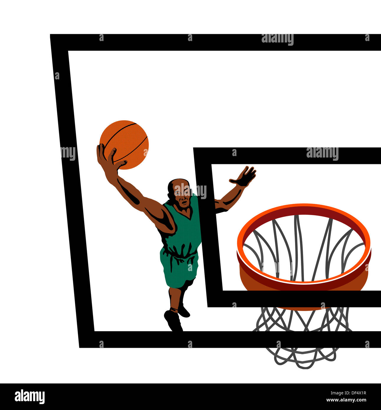 Illustrazione di un giocatore di pallacanestro dunking una sfera visto dal di sopra fatto in stile retrò. Foto Stock