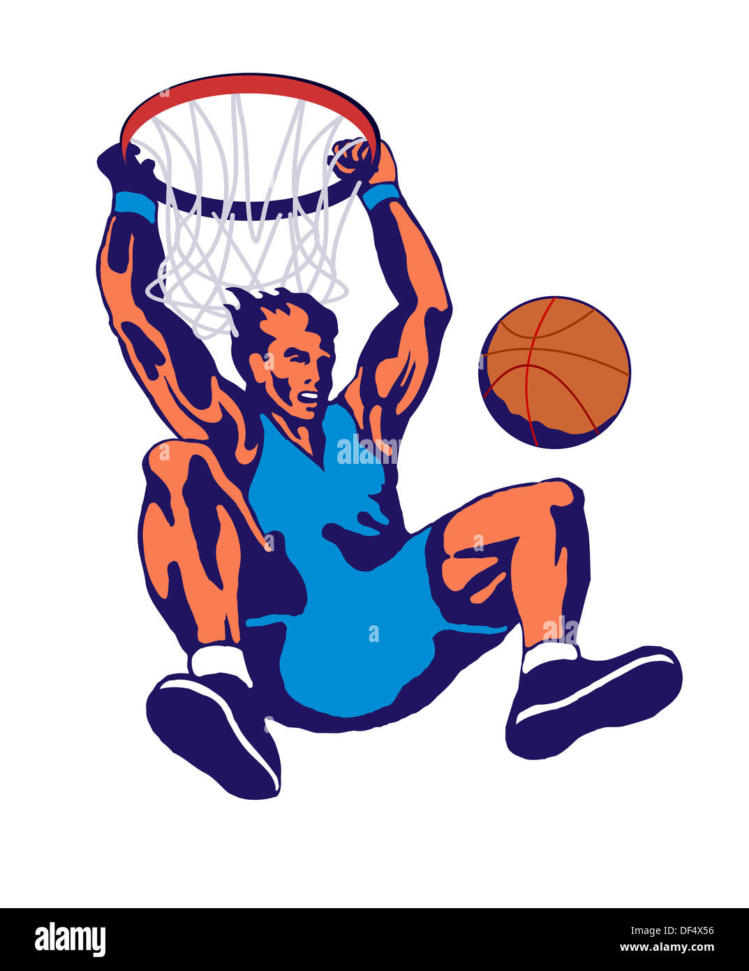 Illustrazione di un giocatore di basket ball dunking fatto in stile retrò. Foto Stock