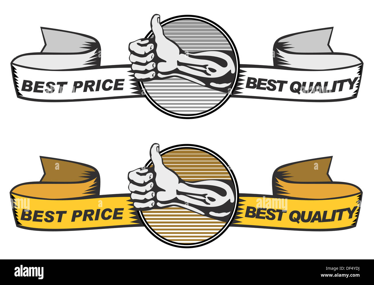 Illustrazione del cerchio con nastri sul lato con le parole il miglior rapporto prezzo qualità migliore e la mano pollice fino all'interno del cerchio. Foto Stock
