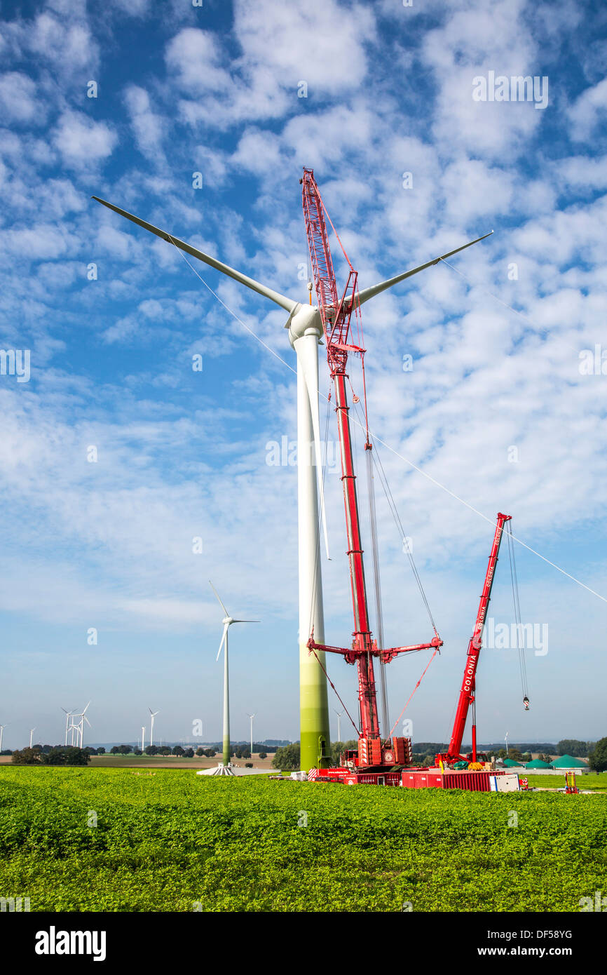 Costruzione, installazione di una turbina eolica. Le turbine eoliche, wind farm, parco. Energia eolica, energia eolica, sito in costruzione. Foto Stock