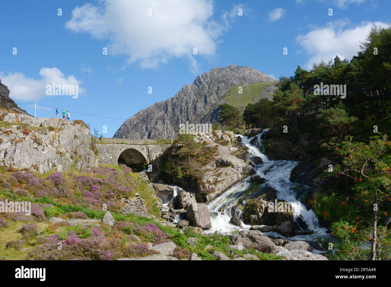 Ogwen cade e Pont Pen y Benglog alla testa del Nant Ffrancon passano in Gwynedd. Foto Stock