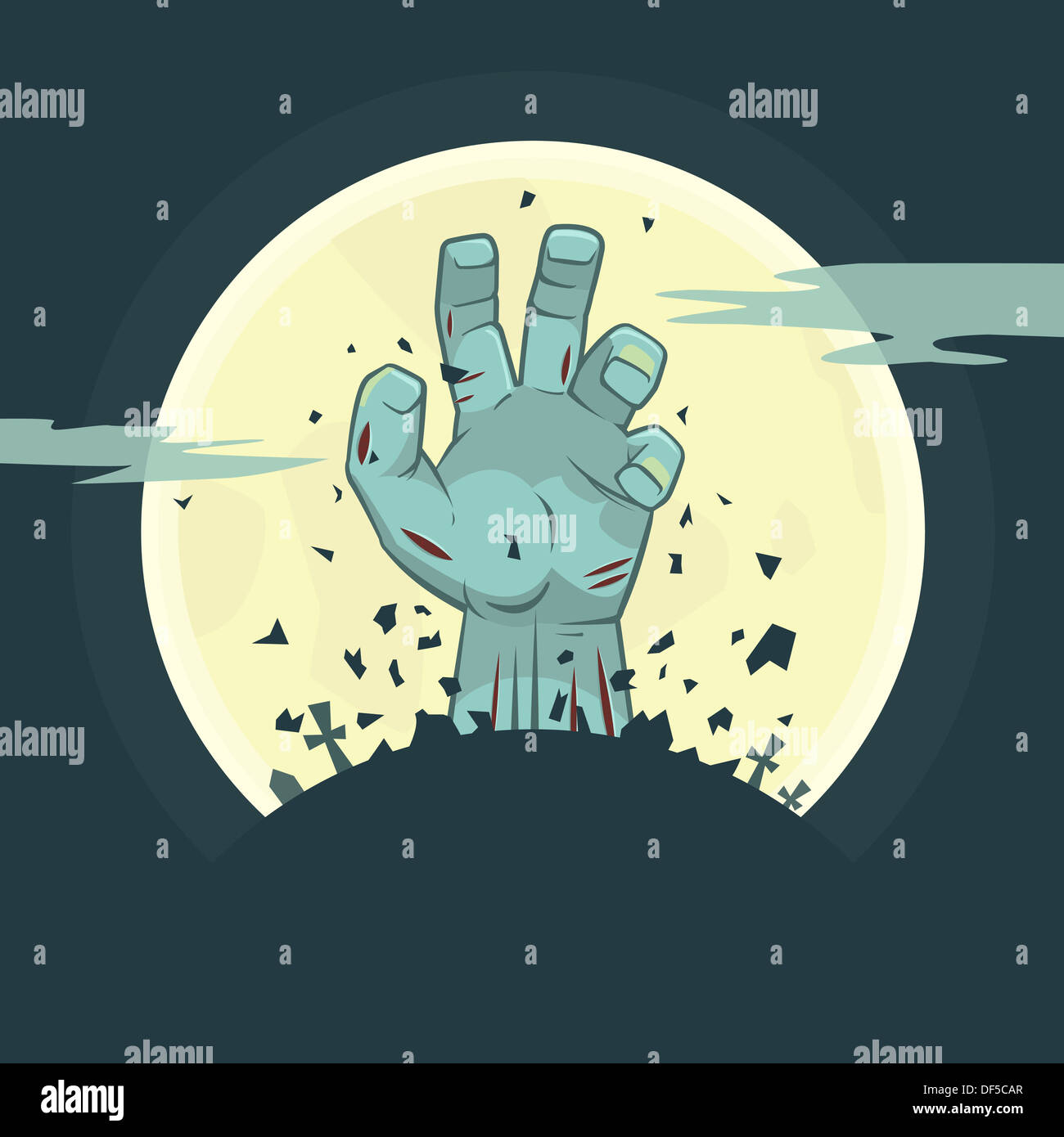 Illustrazione Vettoriale di zombie mano salendo dalla tomba, tema Halloween Foto Stock