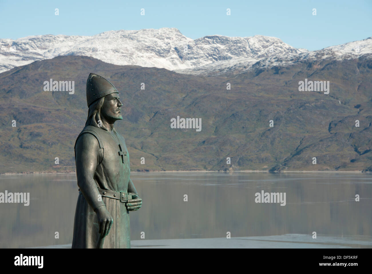 La Groenlandia, Tunulliarfik (aka Erik's Fjord), Qassiarsuk. Brattahlid, Erik il Rosso orientale dell'insediamento. Leif Erikson statua. Foto Stock