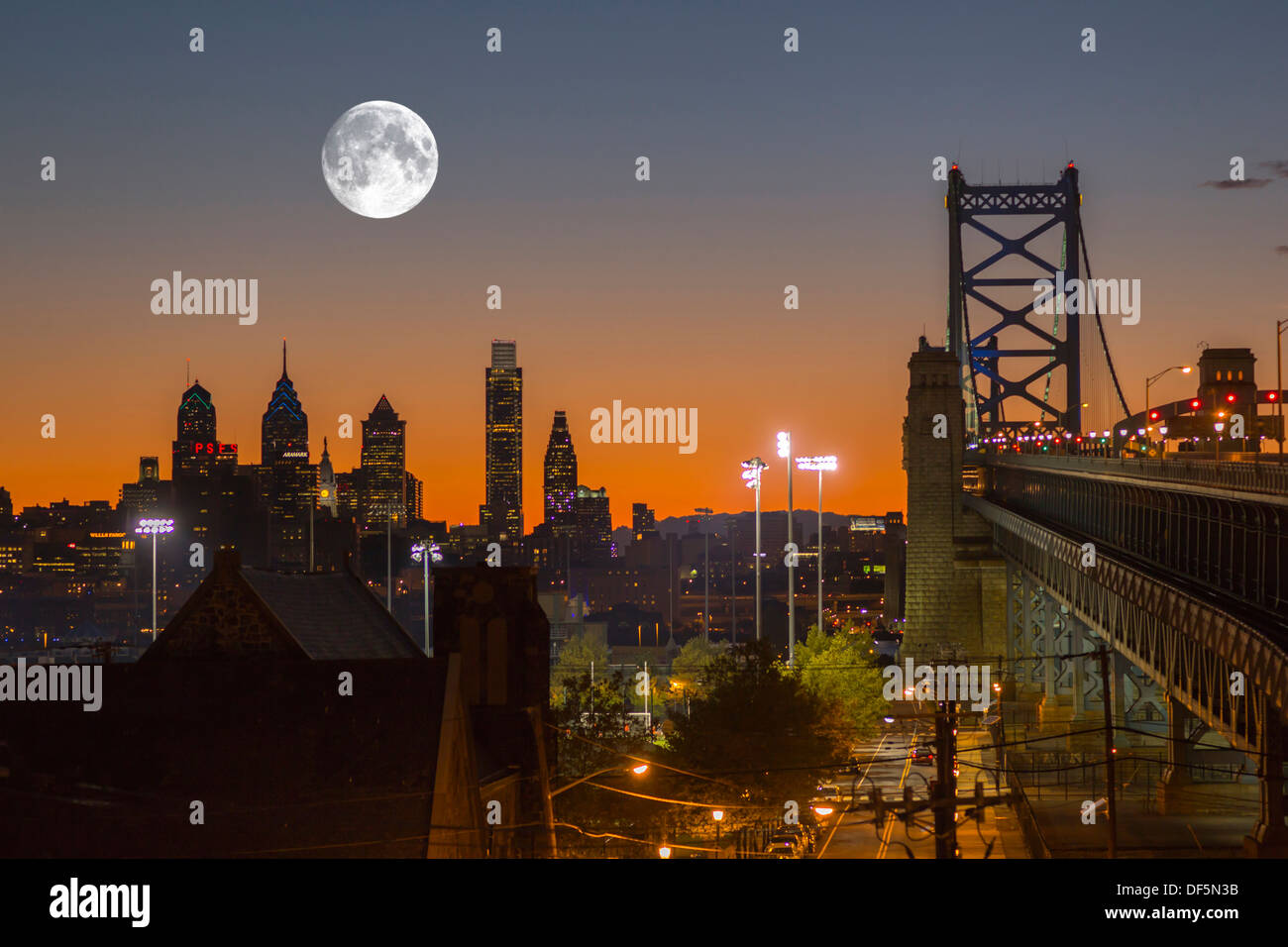 SKYLINE DEL CENTRO BEN FRANKLIN BRIDGE di Filadelfia in Pennsylvania da CAMDEN NEW JERSEY USA Foto Stock