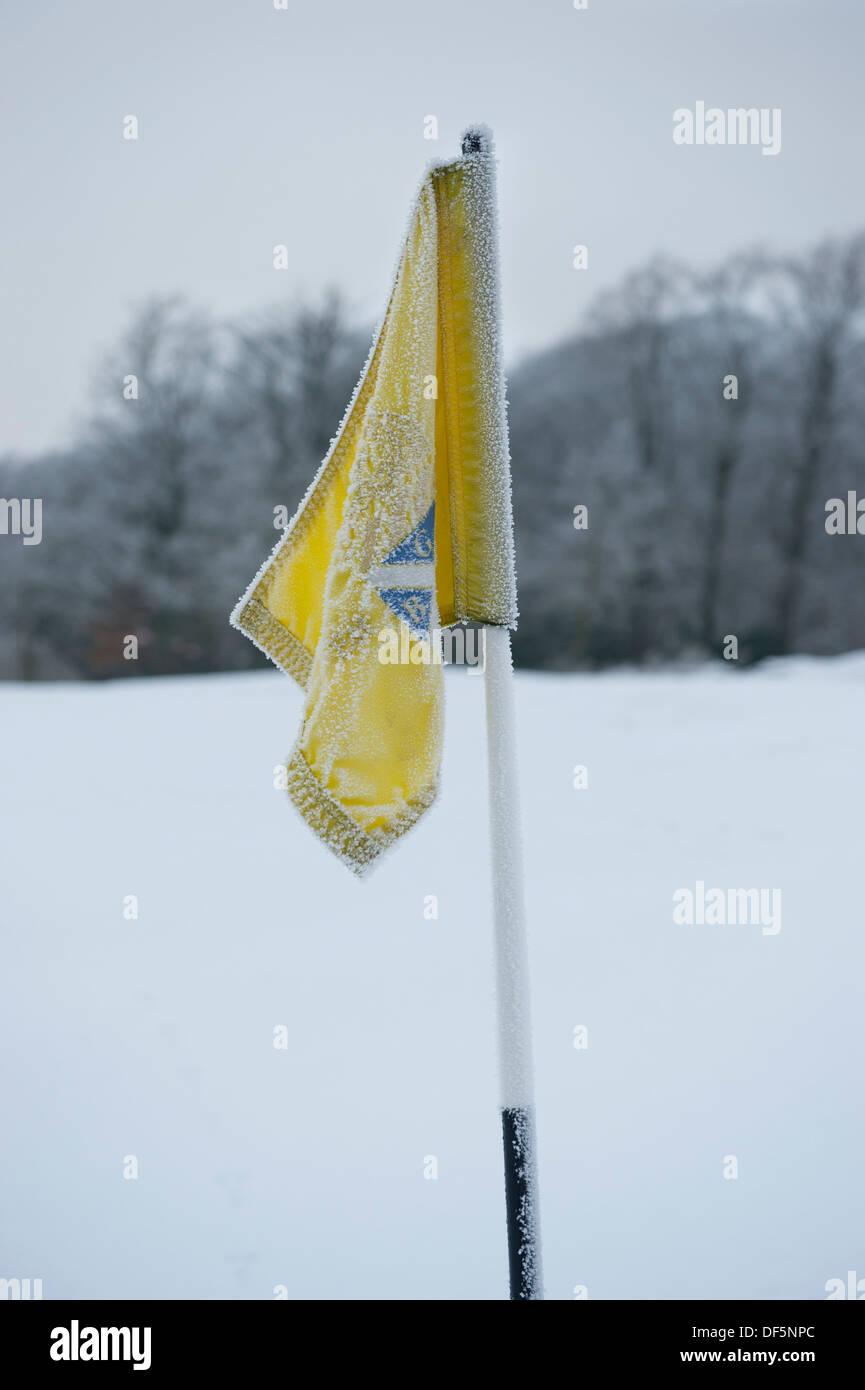 Splash drammatico di giallo da bandiera contro il freddo inverno grigio monocromatico scena di neve con bosco - Bradford Golf Club, West Yorkshire, Inghilterra, Regno Unito. Foto Stock