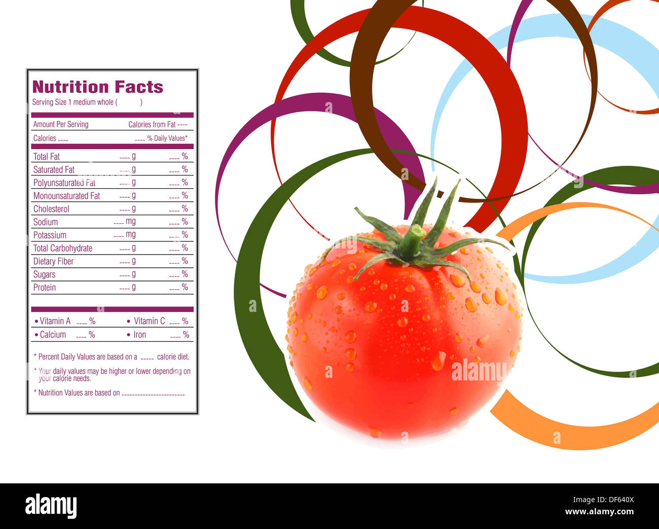 Pomodori freschi con cerchi e fatti di nutrizione etichetta. Foto Stock