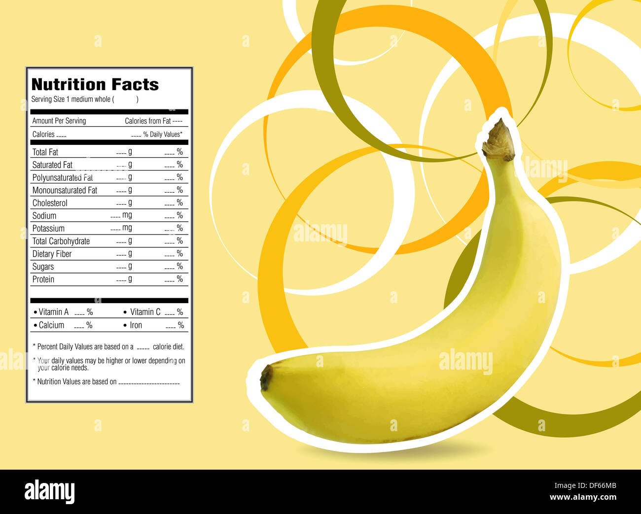 Il design creativo per la banana con fatti di nutrizione etichetta. Foto Stock