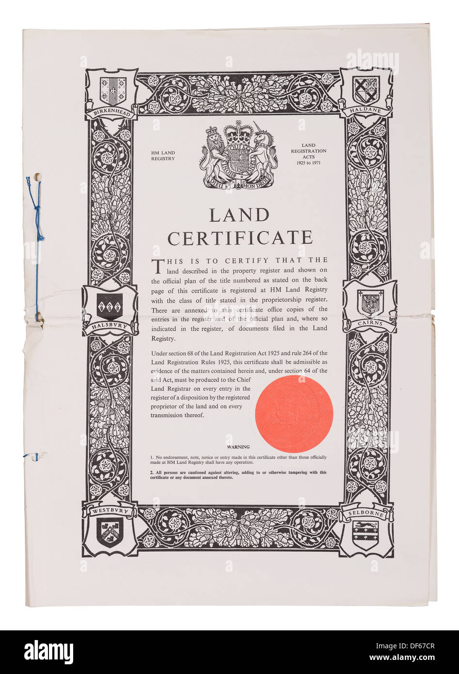 Regno Unito catasto terreni di proprietà certificato documento Foto Stock