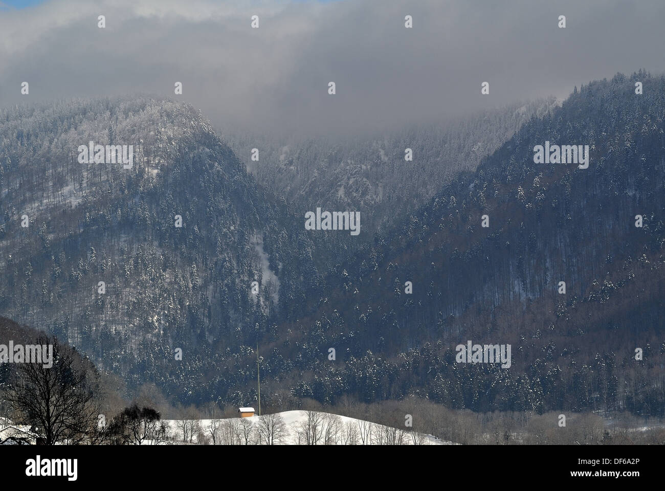 Ingresso della Combe Biosse Gorge e Chasseral Parco in inverno, Neuchâtel, Svizzera Foto Stock