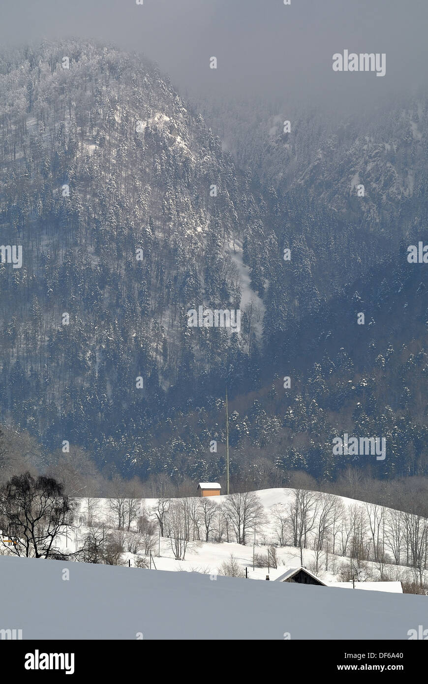 Ingresso della Combe Biosse Gorge e Chasseral Parco in inverno, Neuchâtel, Svizzera Foto Stock