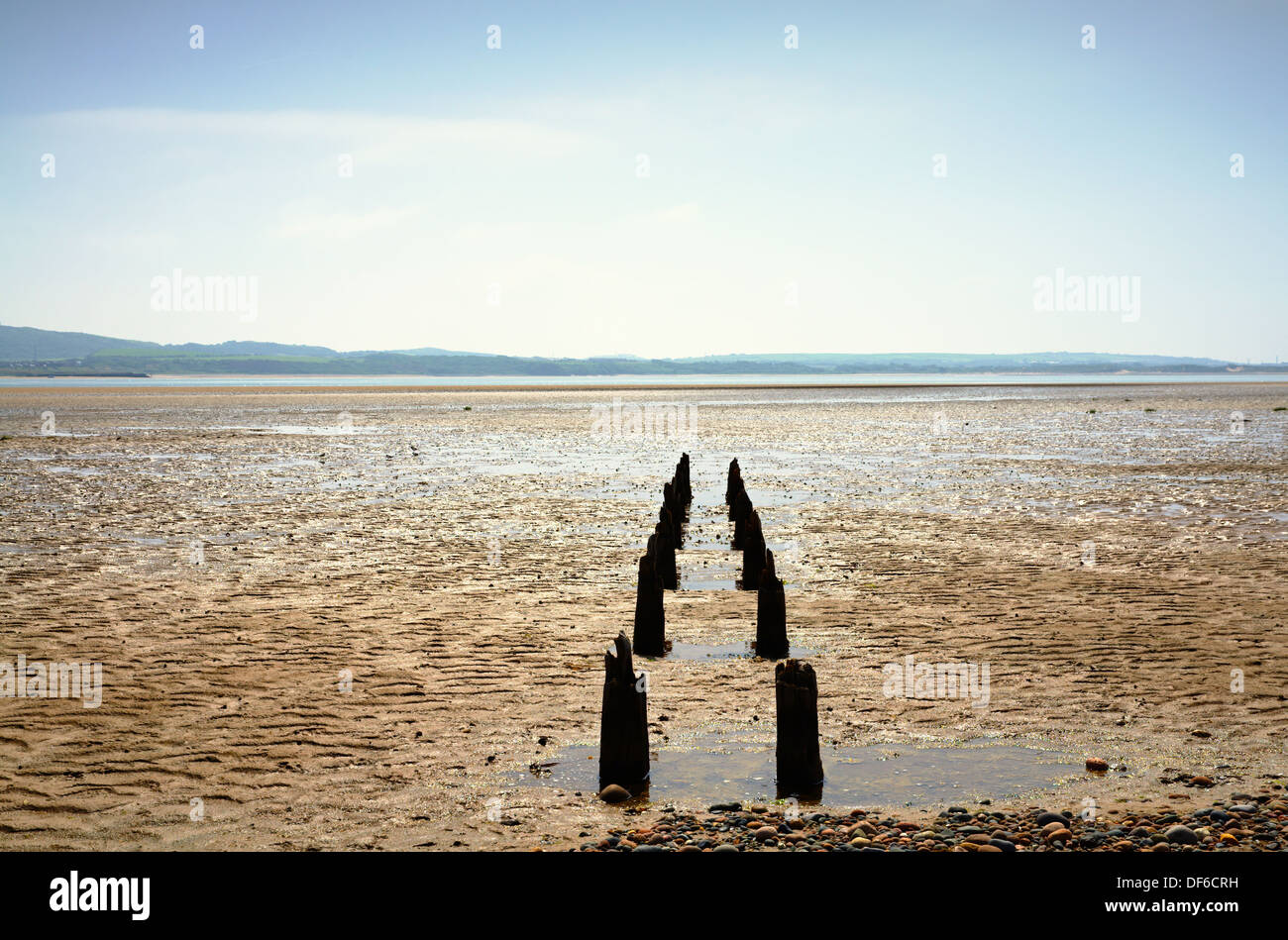 Due linee di weathered posti di legno andando al mare nella baia di Morecambe situata vicino a Millom Foto Stock