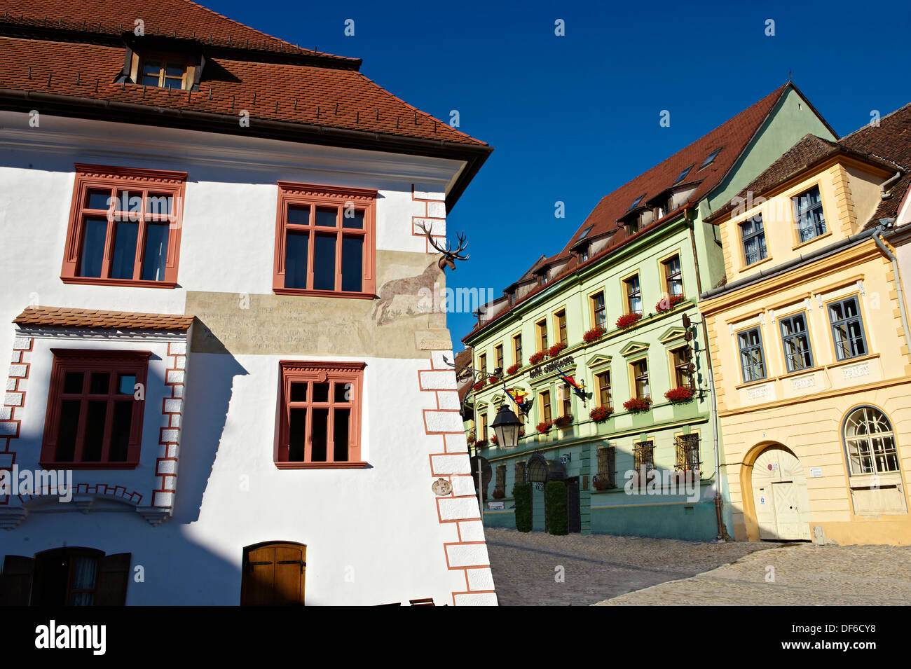 Sighisoara sassone medievale fortificata cittadella, Transilvania, Romania Foto Stock