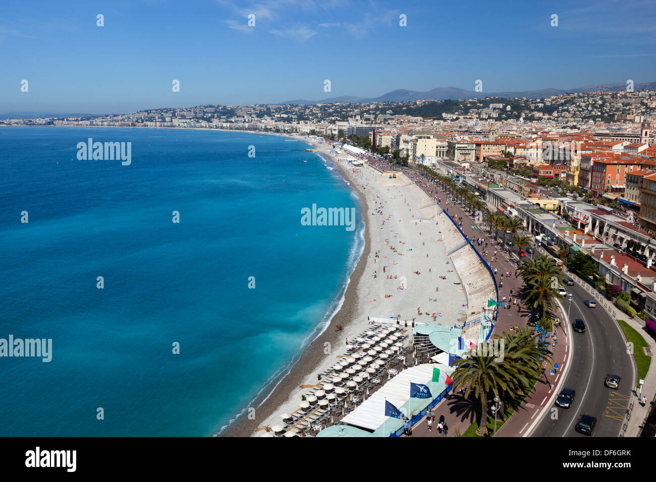Vista sulla baia e la Promenade des Anglais e dal Parc du chateau, Nizza, Provence-Alpes-Côte d'Azur, in Francia, in Europa Foto Stock
