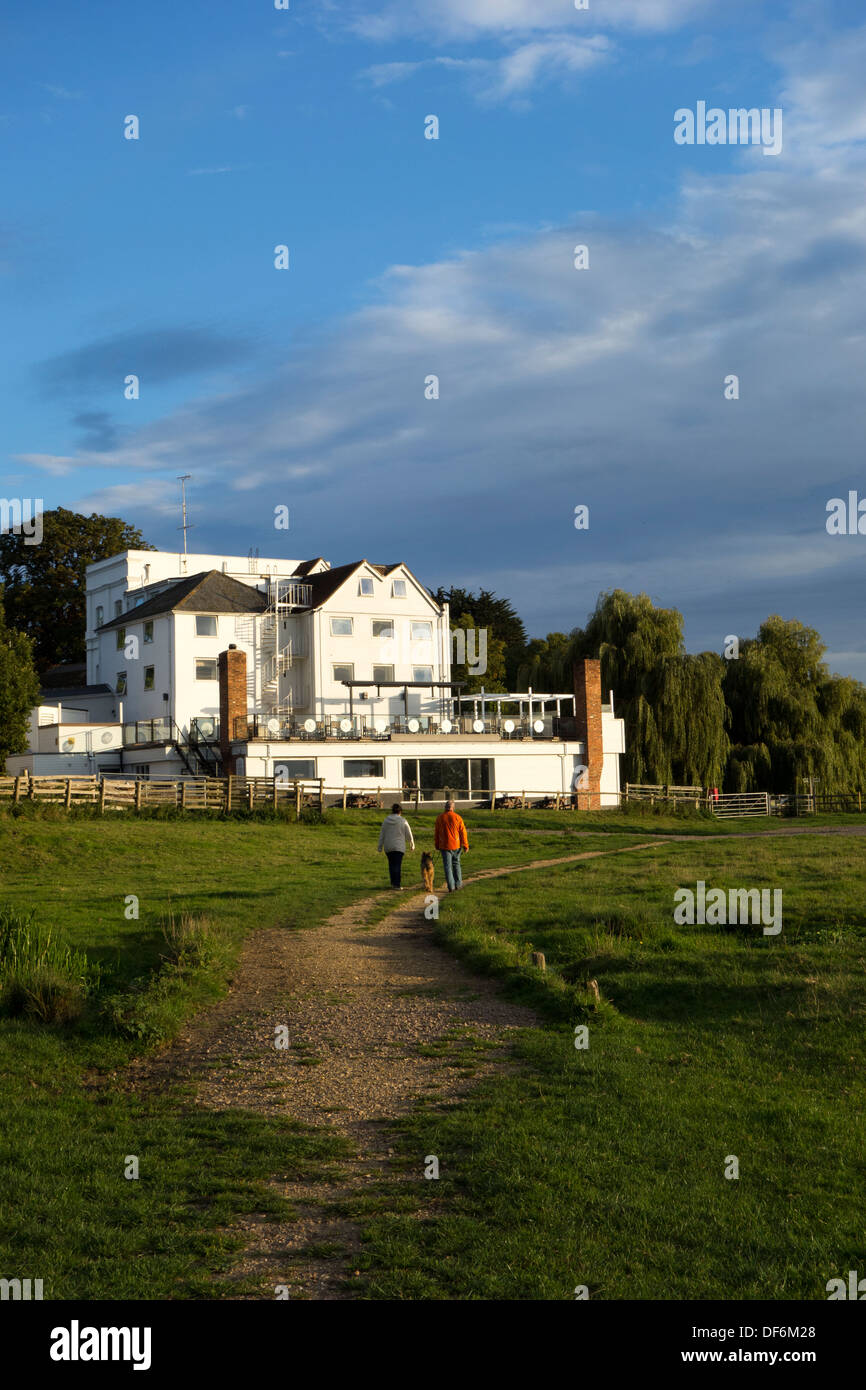 Una coppia di mezz'età camminando loro Airedale Terrier cane lungo un sentiero sul prato Fullingpit a Sudbury, Suffolk, Regno Unito. Foto Stock