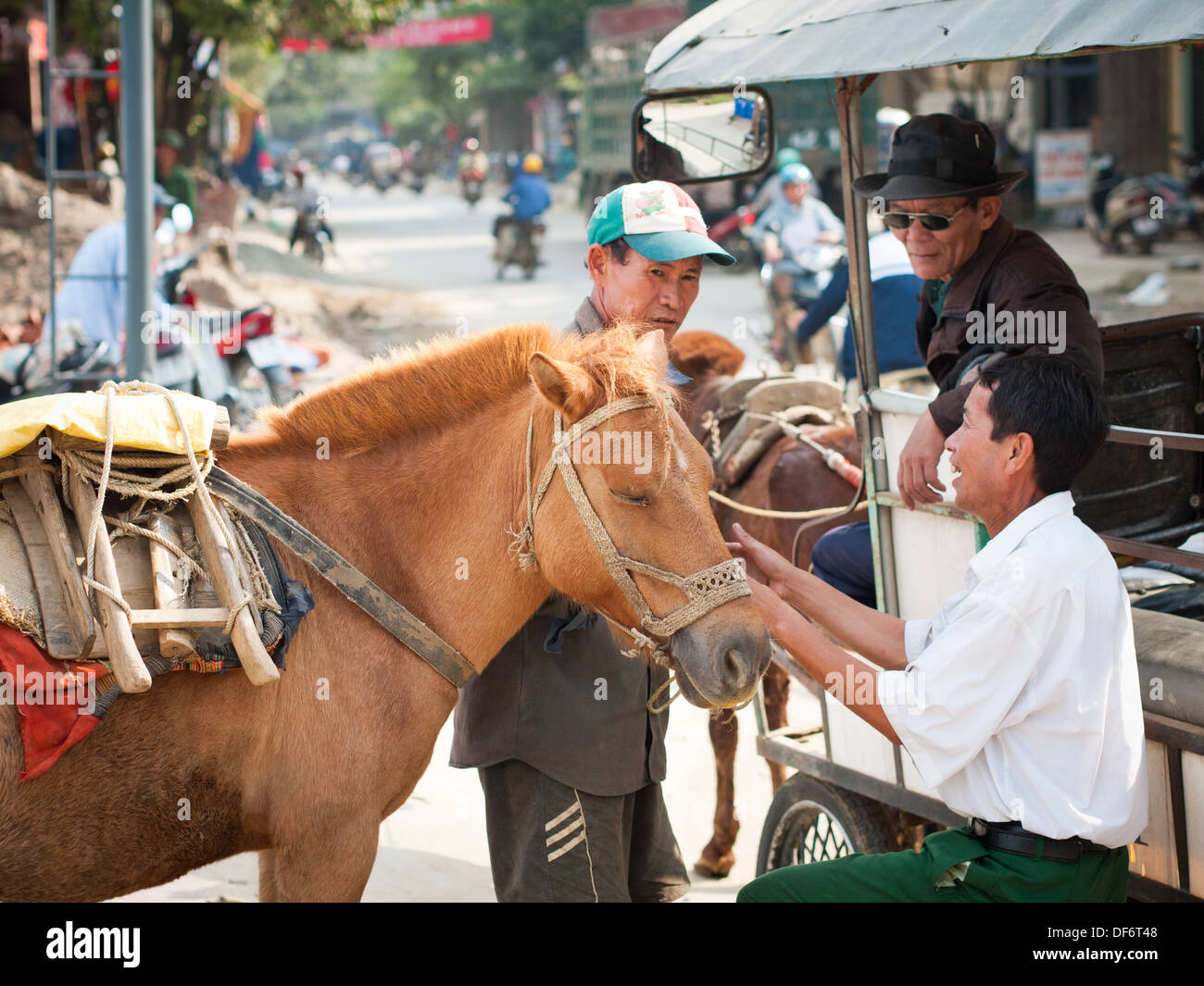 Uomini Hmong e un packhorse per le strade di Bac Ha, Lao Cai, Vietnam. Foto Stock