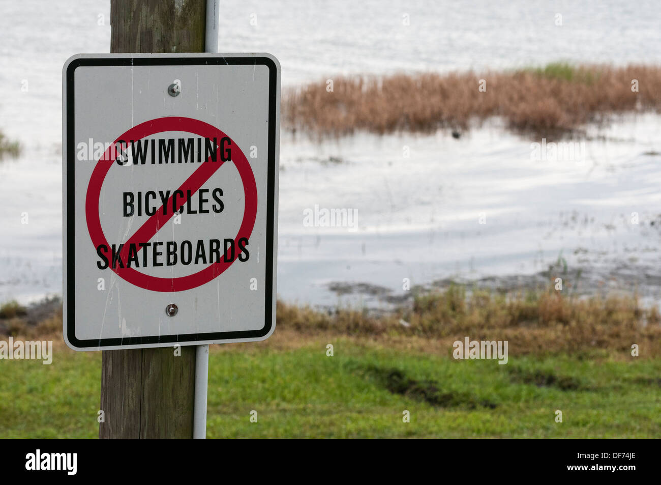 Non si può nuotare biciclette skateboard segno inviato a Wooton Park, Tavares Florida USA Foto Stock