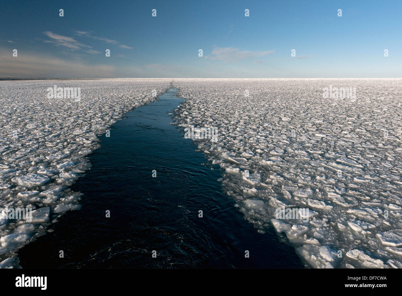 Canale di spedizione attraverso ice floes, pack ghiaccio, Oceano Artico, isola Spitsbergen, arcipelago delle Svalbard Isole Svalbard e Jan Mayen Foto Stock