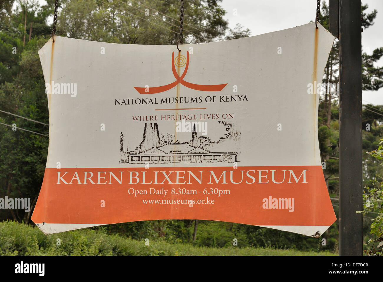 Segno al Museo Karen Blixen, Karen, Nairobi, Kenia Foto Stock
