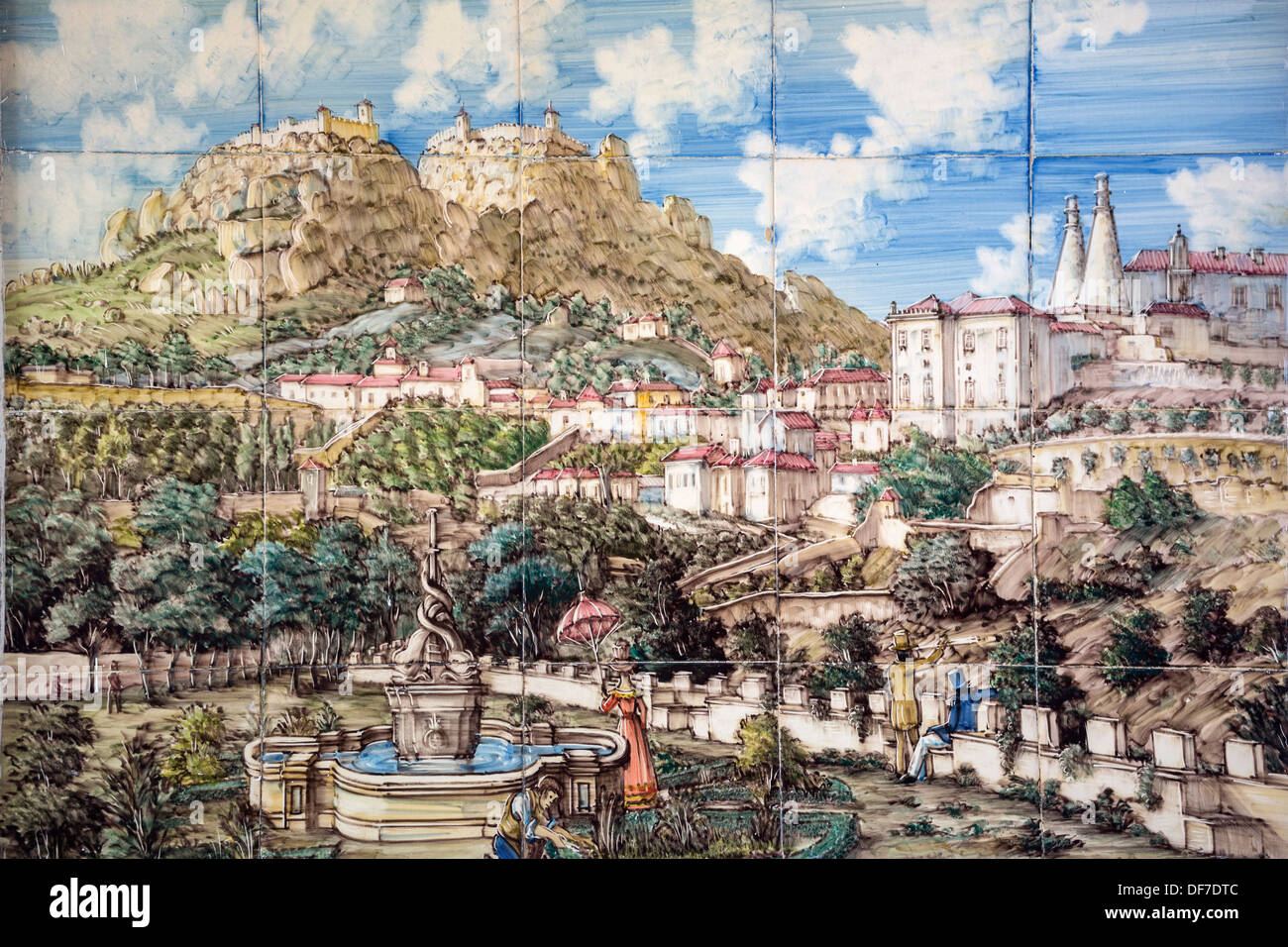 Azulejos immagine di piastrella del Castelo dos Mouros, castello dei Mori, fortezza moresca, Sintra, distretto di Lisbona, Portogallo Foto Stock