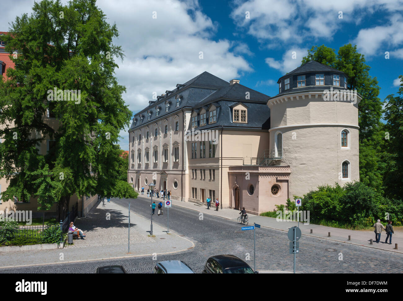 La duchessa Anna Amalia biblioteca con libri tower, lasciato il Goethe Ginkgo tree, Weimar, Turingia, Germania Foto Stock