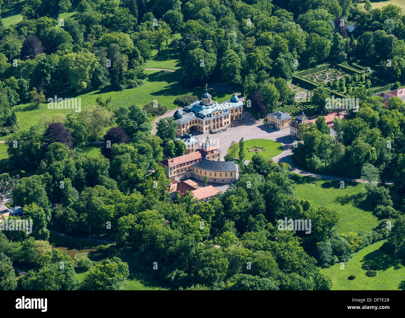 Schloss Belvedere il Palazzo ed il parco, dichiarato patrimonio culturale mondiale dall'UNESCO, vista aerea, Weimar, Turingia, Germania Foto Stock