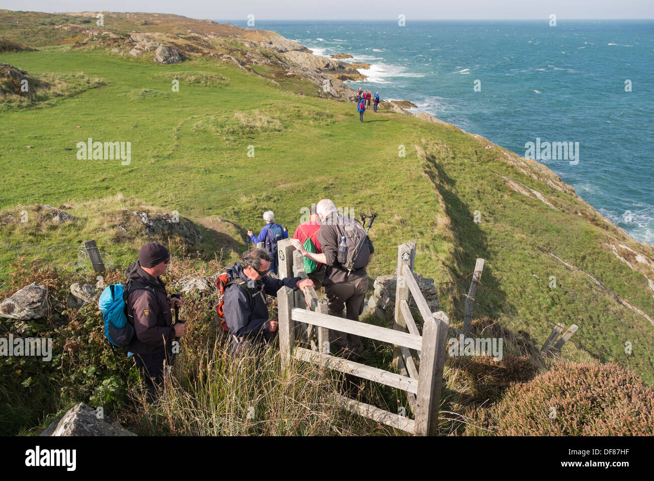 Gruppo di Welsh escursionisti a piedi a ovest sul sentiero costiero da Llaneilian a Amlwch sull isola di Anglesey, Galles del Nord, Regno Unito, Gran Bretagna Foto Stock