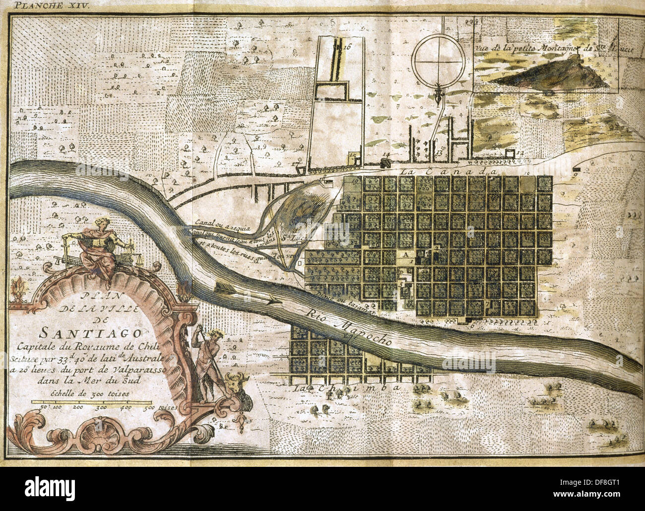 Il Cile. Santiago de Chile. Mappa in 1713 con il monte Santa Lucia, in background. Secondo un 1717 incisione. Foto Stock