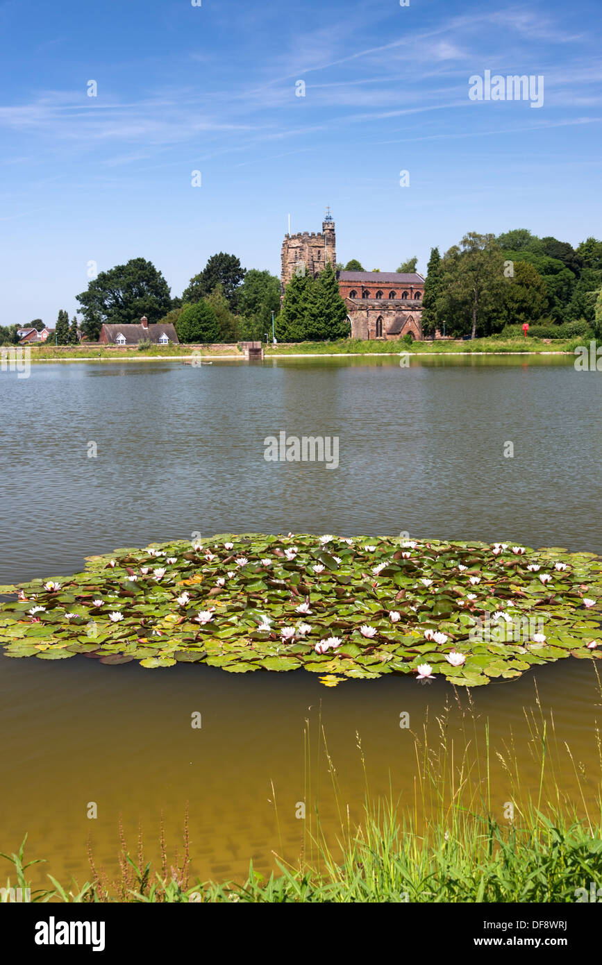 La Chiesa Parrocchiale di St Chad visto da di Stowe piscina, Lichfield, Staffordshire, Inghilterra. Foto Stock