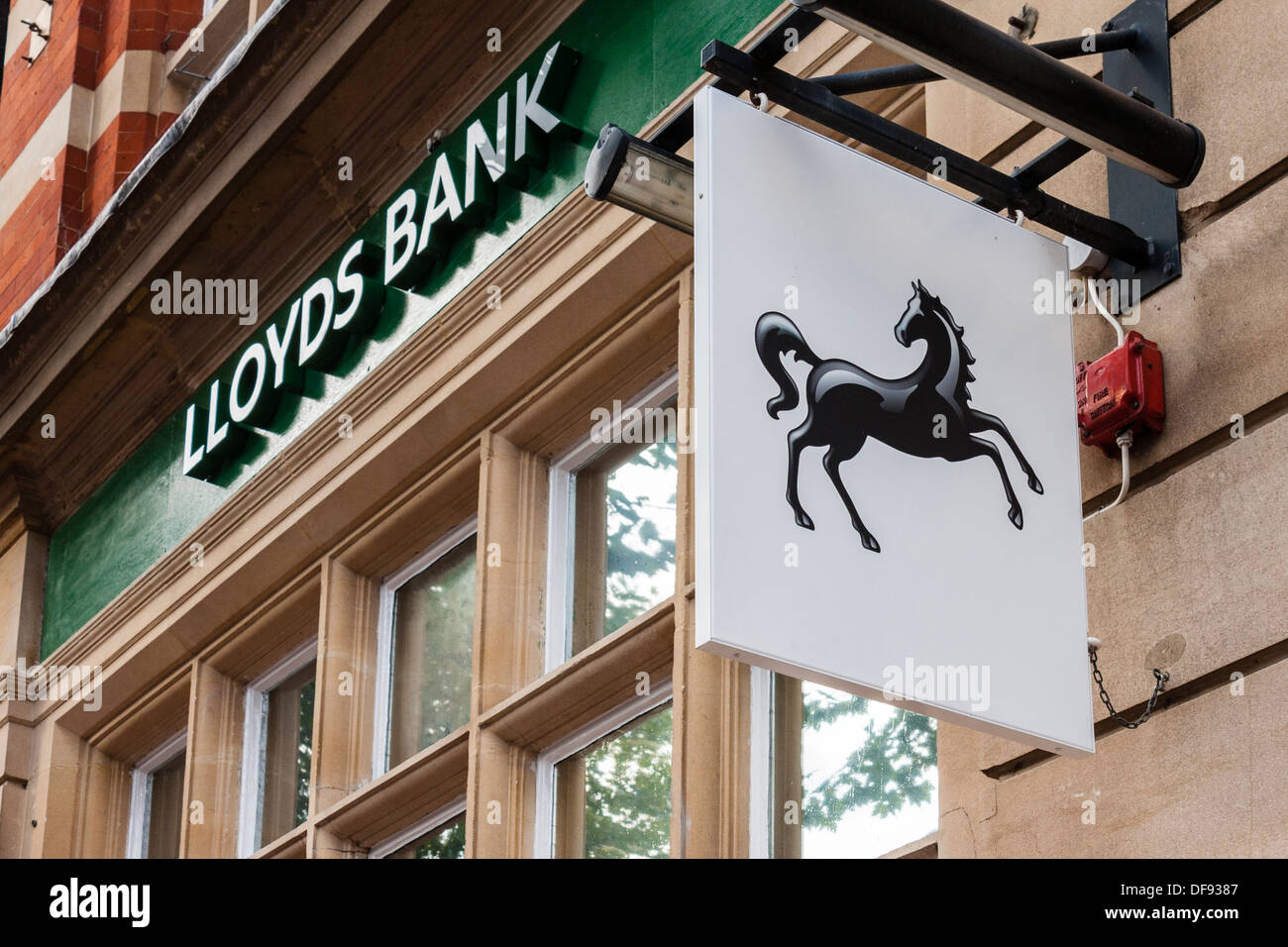 Segno del cavallino rampante cavallo nero sopra la Lloyds Bank. Foto Stock