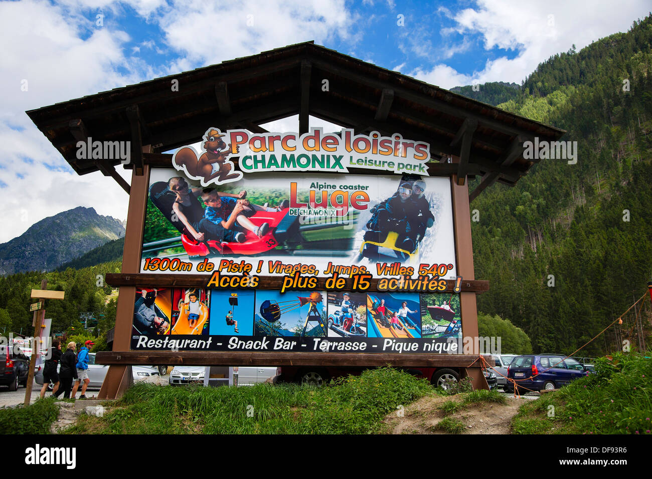 Ingresso segno per il Parc de loisirs, Chamonix Leisure Park, Chamonix, sulle Alpi francesi Foto Stock