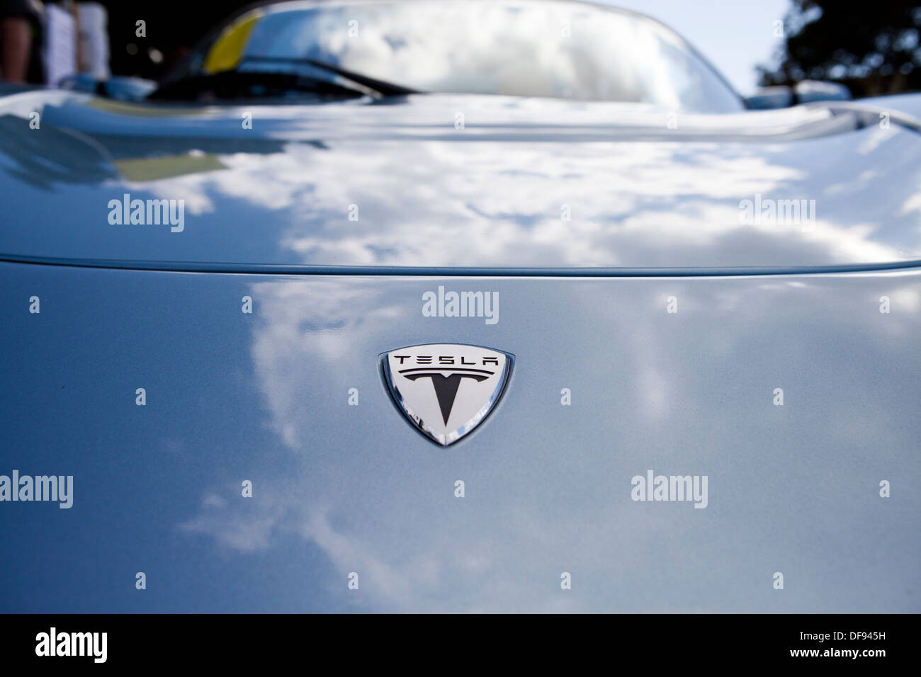 La Tesla Roadster elettrica auto badging cofano Foto Stock