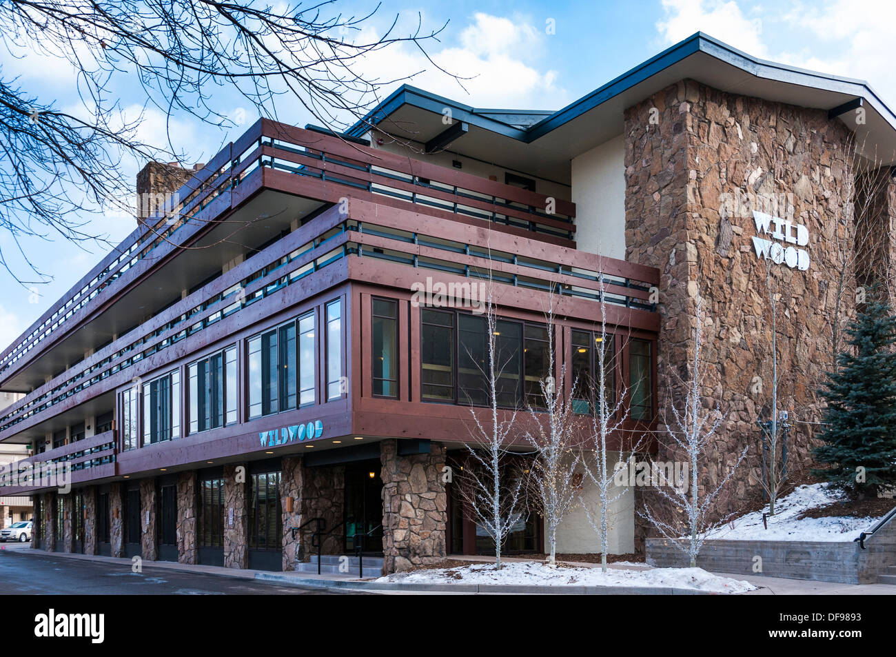 Al di fuori di Wildwood Hotel, Snowmass Village, Colorado. Foto Stock