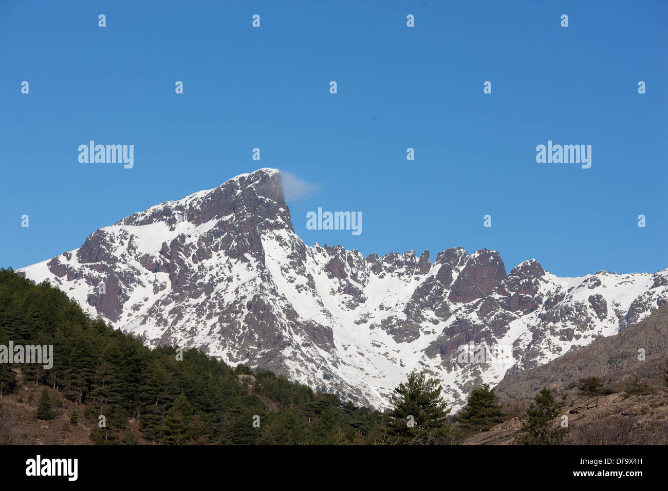 Vertice e parete sud-orientale di paglia Orba (quota 2525 metri) in primavera. Albertacce, Corsica, Francia. Foto Stock