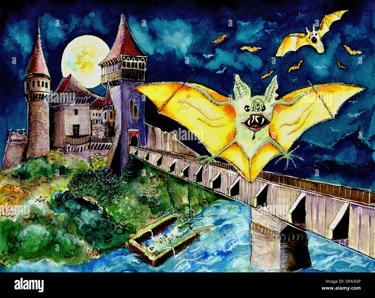 Paesaggio di Halloween con pipistrelli e castello della Transilvania (più uno scheletro in uno scrigno galleggiando giù il fiume...) Foto Stock