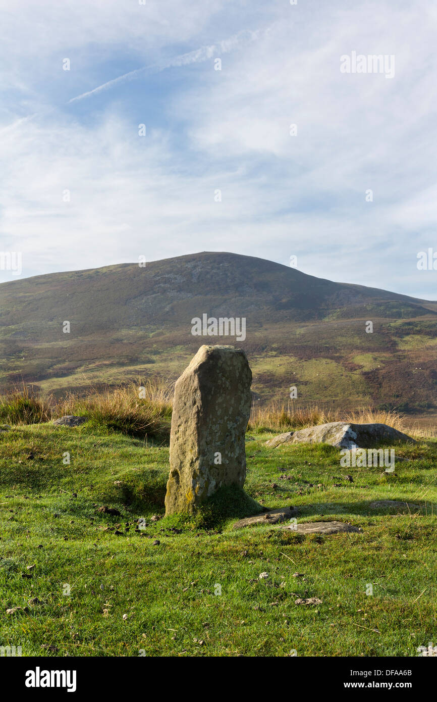 Pennine Way Post di marcatore su Bracken Rigg con mezzogiorno collina alle spalle di Teesdale superiore della Contea di Durham Foto Stock