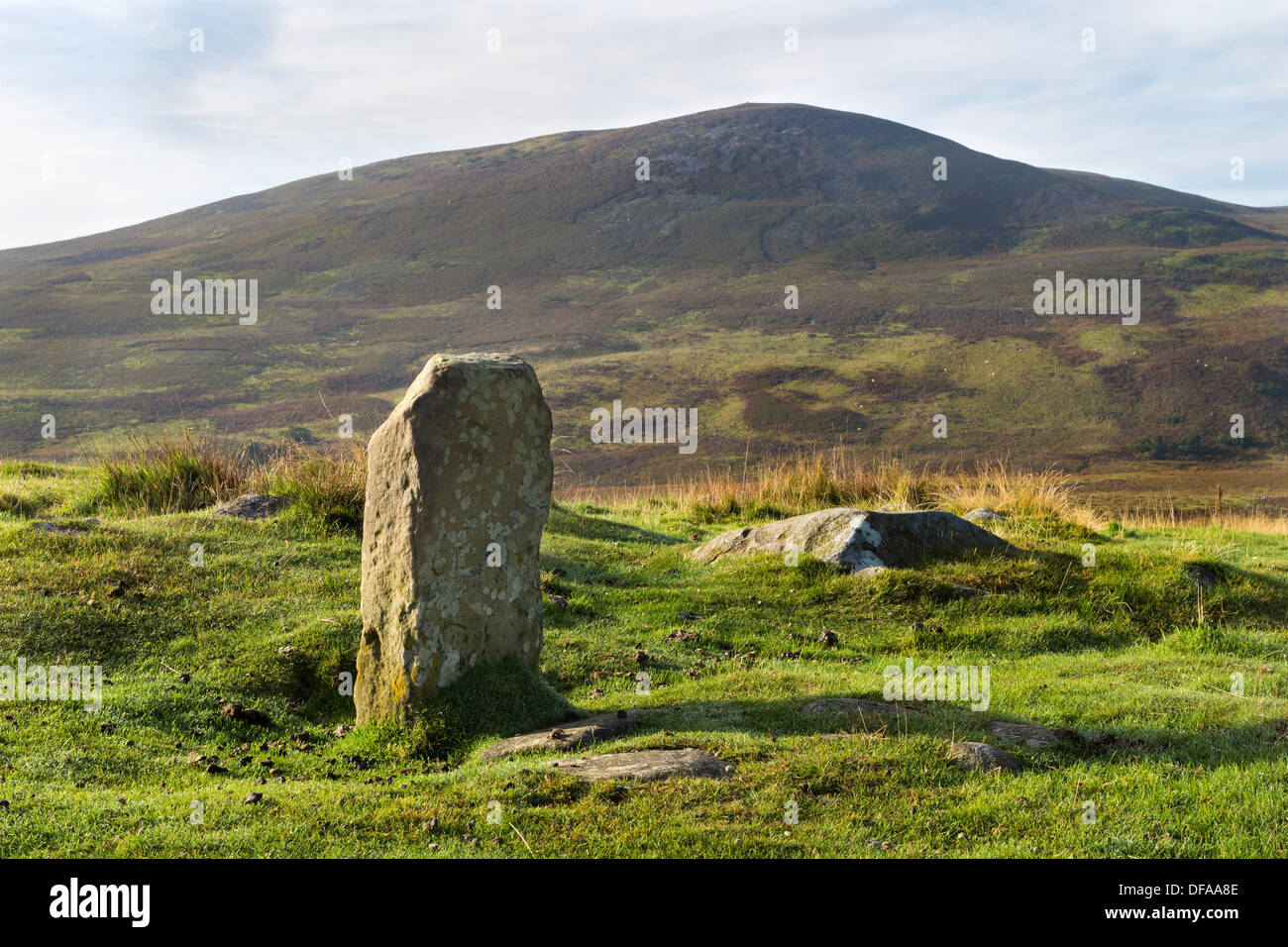 Pennine Way Post di marcatore su Bracken Rigg con mezzogiorno collina alle spalle di Teesdale superiore della Contea di Durham Foto Stock
