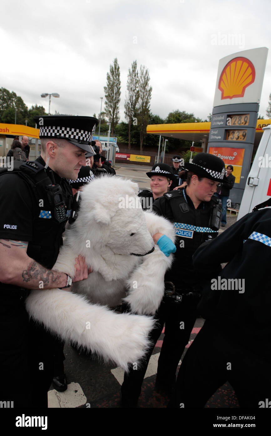 Un attivista di Greenpeace vestito come un orso polare è arrestato durante il suo tentativo di arrestare il distributore di benzina Shell in Edinburgh Foto Stock