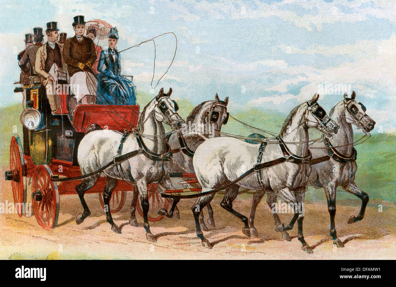 Pullman e quattro cavalli di Lord Charles Beresford, Londra, 1880. Litografia a colori Foto Stock