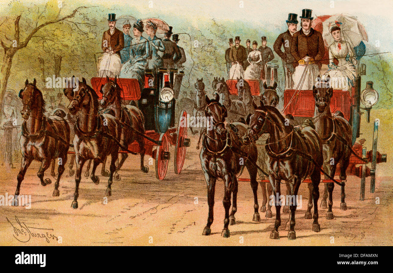 Allenatori e squadre di cavalli di classe superiore londinesi, 1880. Litografia a colori Foto Stock